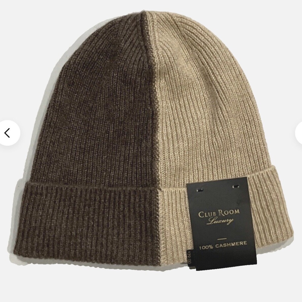 Club Room Luxury Two Tone Brown/Tan‎ Cashmere Beanie Hat Unisex OS New With Tags